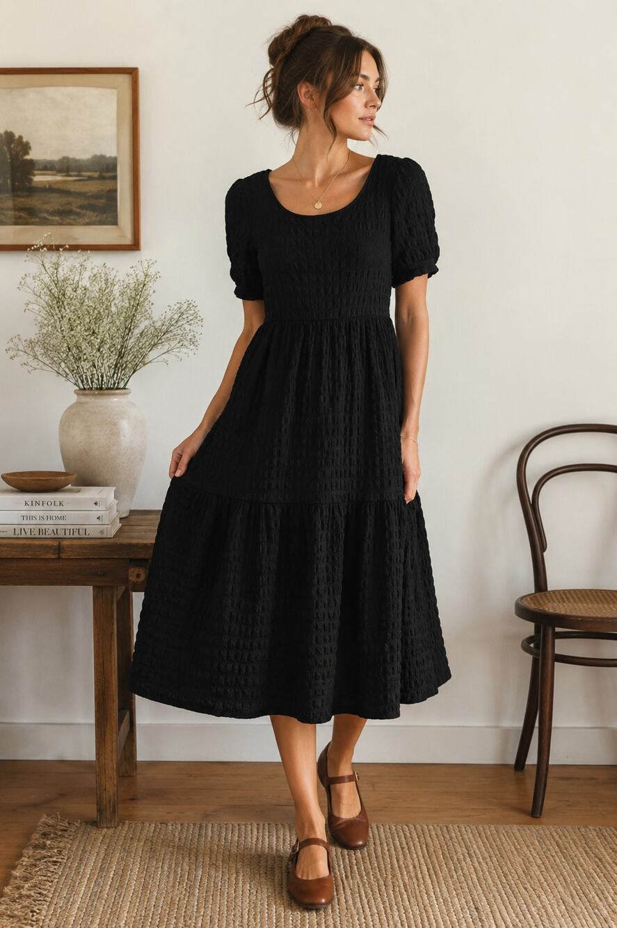 Vintage Bombom Black Textured Tiered Midi Dress Made in USA‎ Puff Sleeve ✨